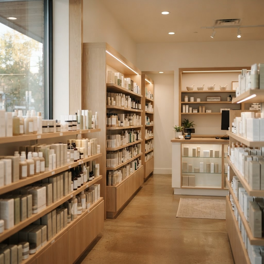 Neatly stocked pharmacy shelves with health and beauty products