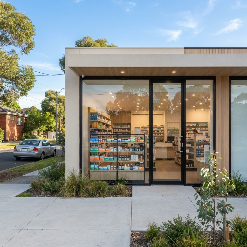 Exterior of a modern local community pharmacy storefront